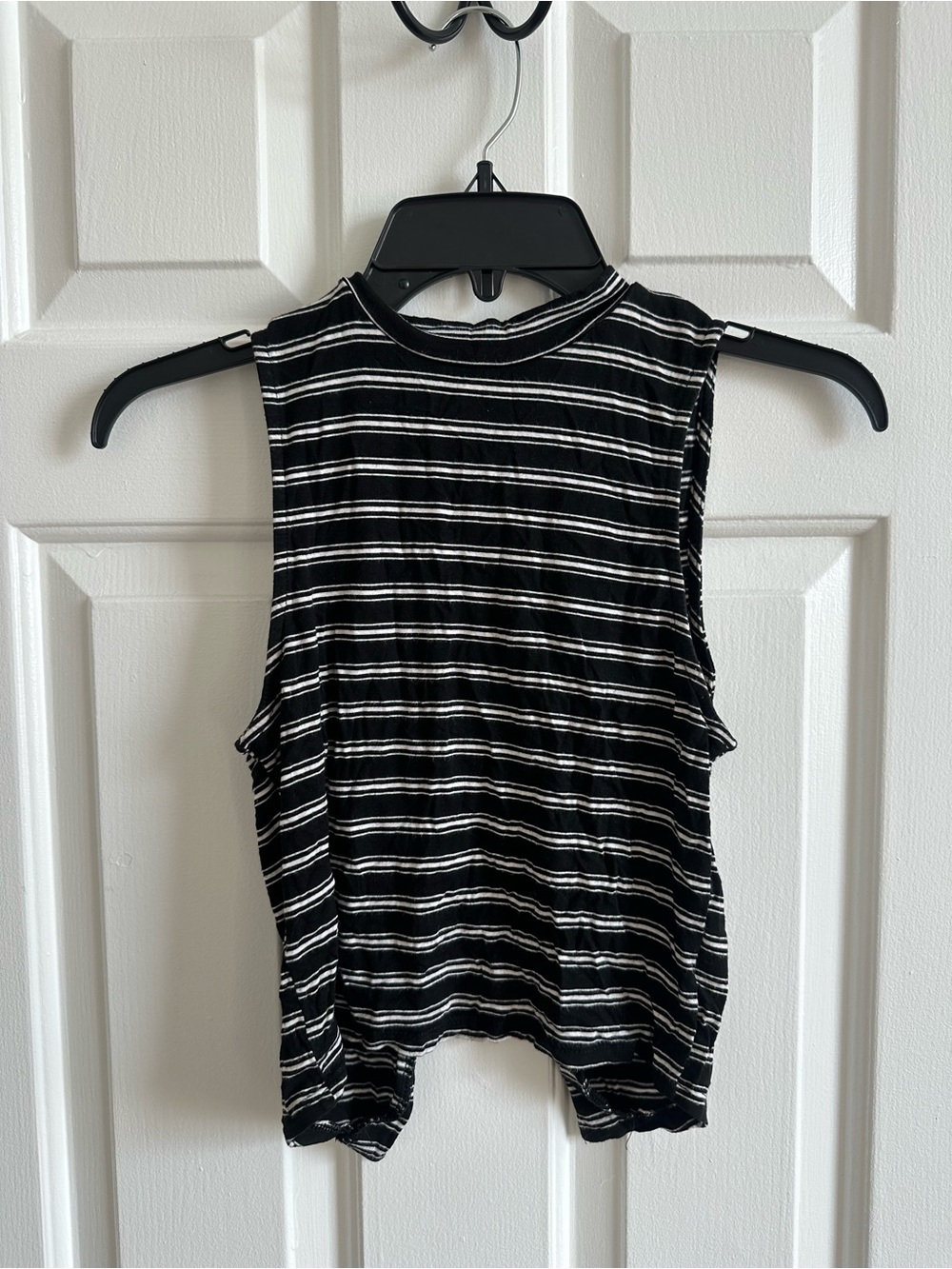 Sleeveless Black & White Striped Mock Neck Tank Top